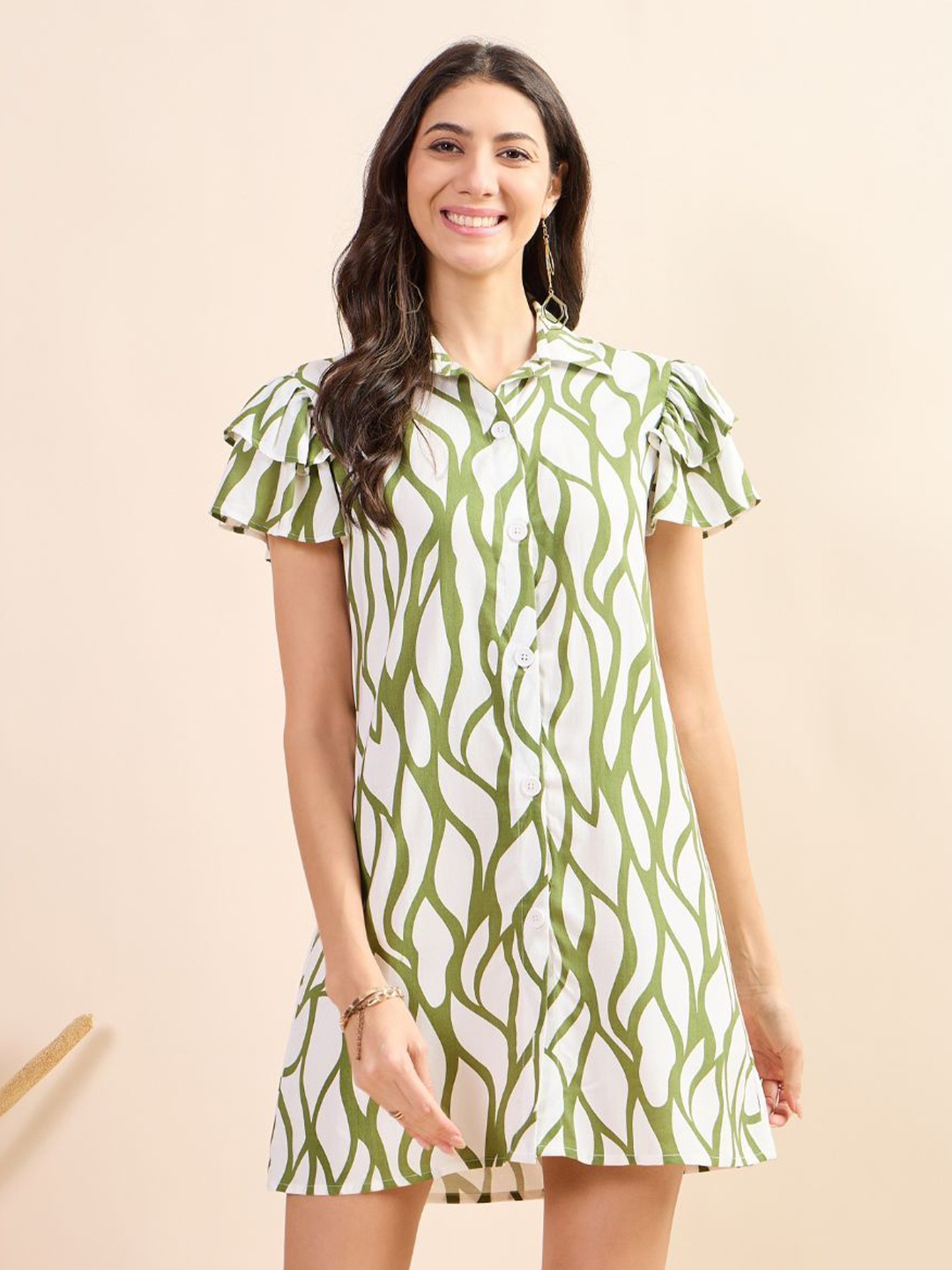 

Kiarabel Retail Tropical Print Flutter Sleeve Shirt Mini Dress, White