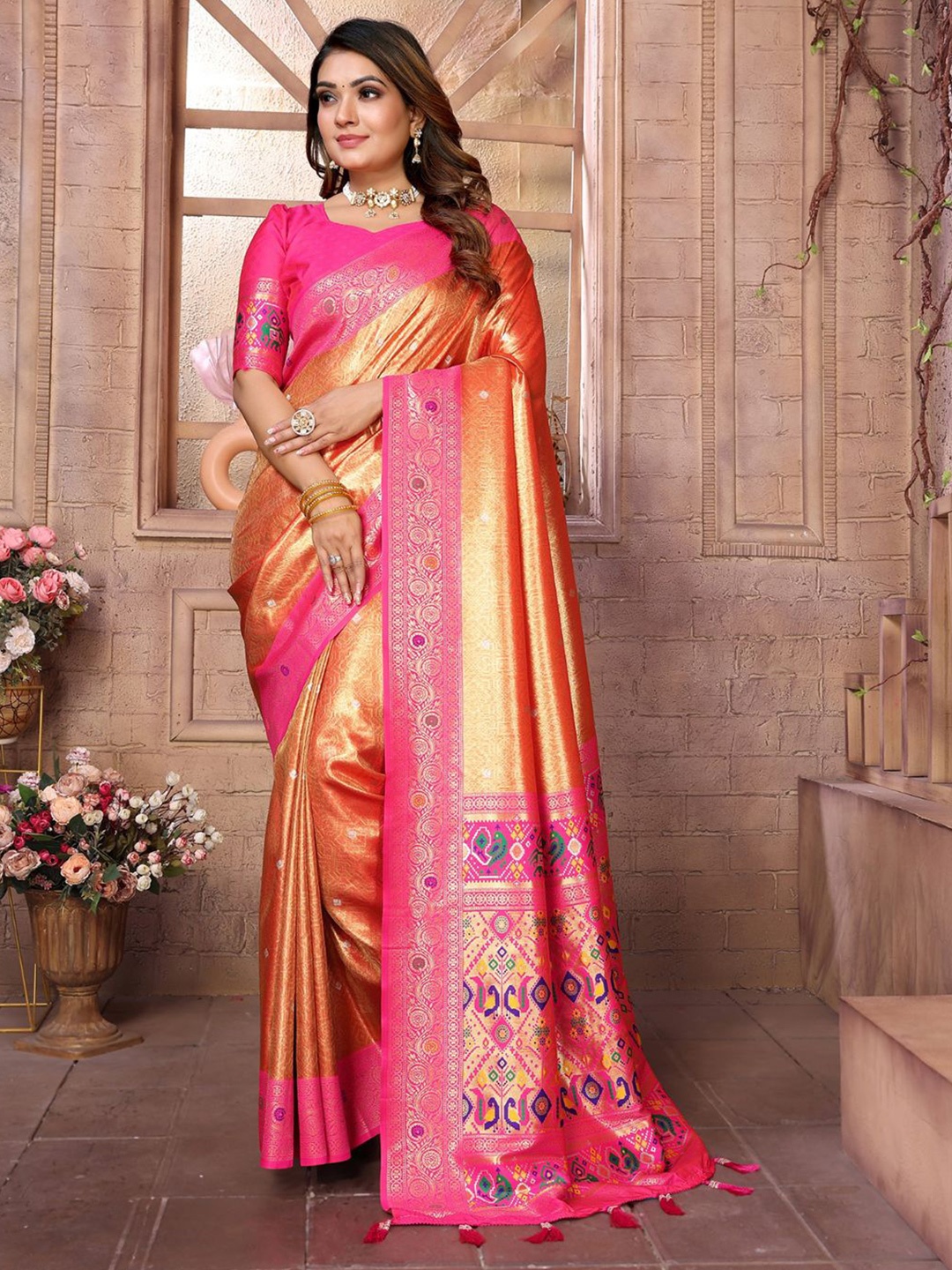 

Mitera Woven Design Zari Silk Blend Designer Banarasi Saree, Orange