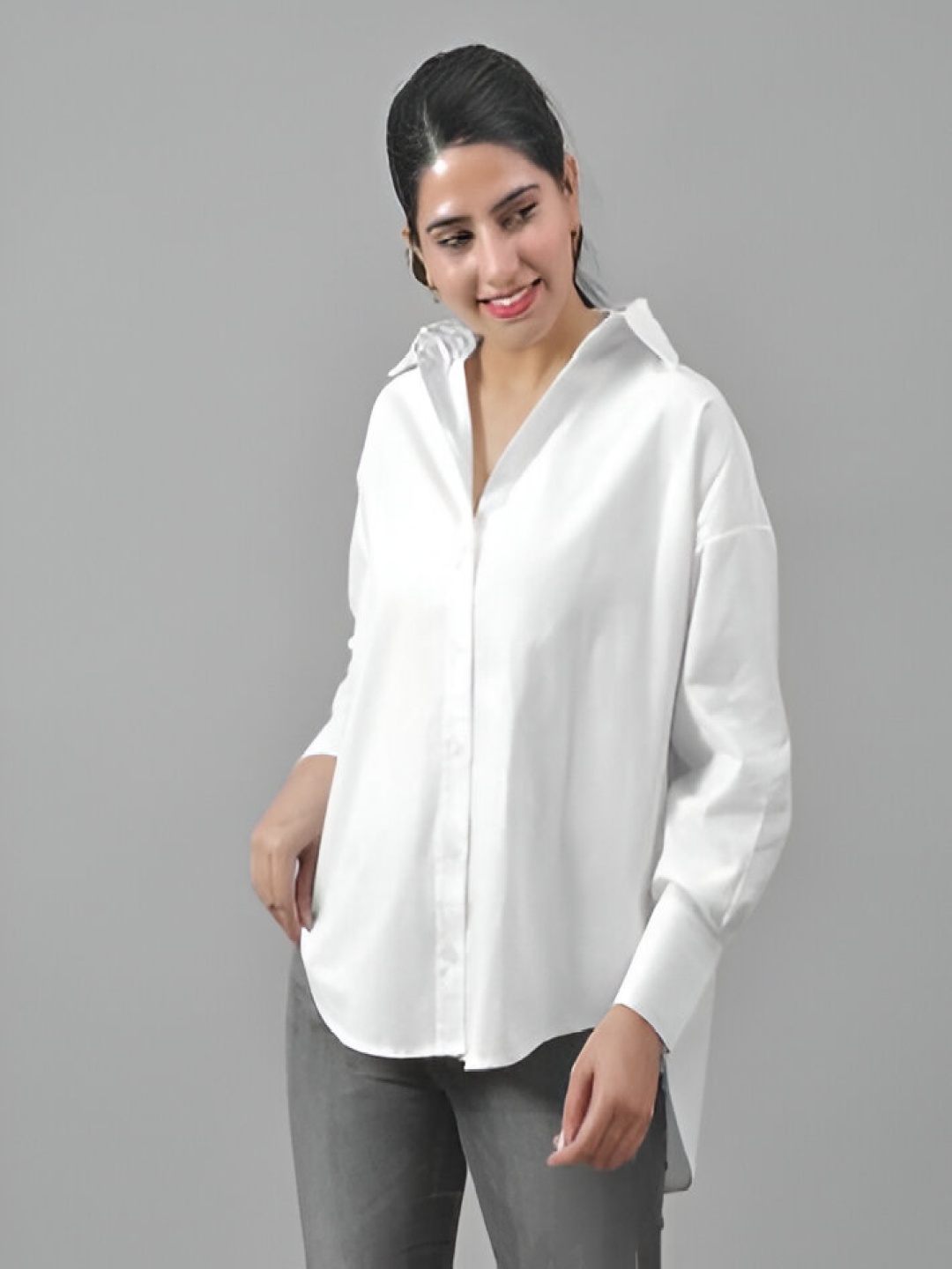 

Fab Star Classic Boxy Spread Collar High Low Pure Cotton Casual Shirt, White