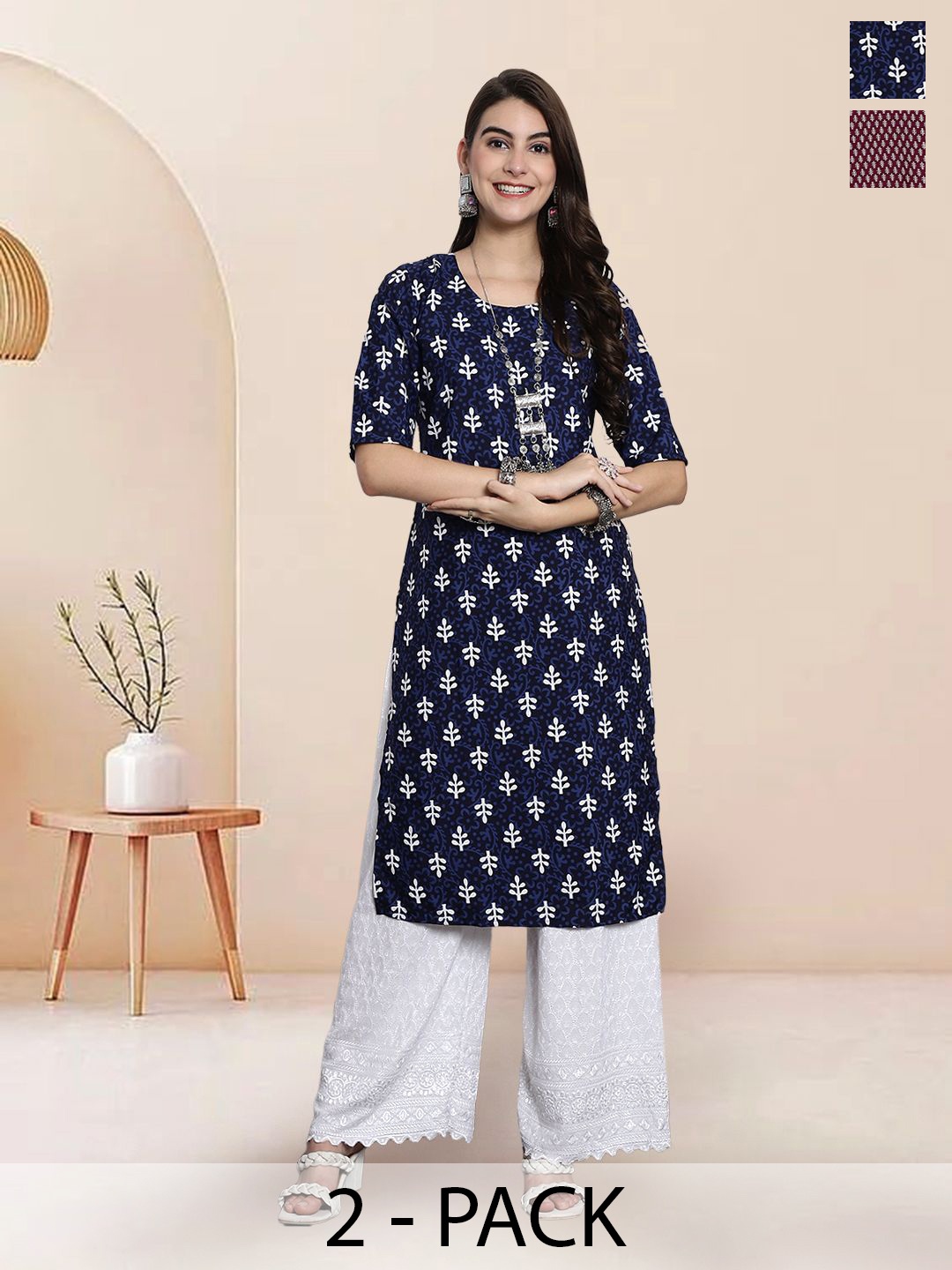 

7Threads Selection Of 2 Floral Printed Round Neck Straight Kurtas, Navy blue