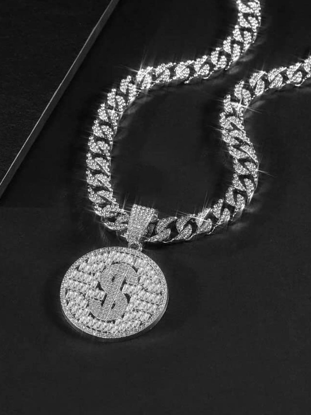 

FIMBUL Men Sterling Silver-Plated CZ-Studded Cuban Bling Dollar Pendant With Chain