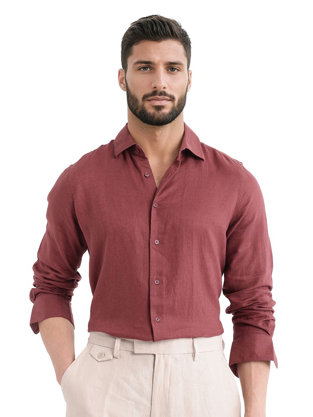

RARE RABBIT Men LINEX LS-25 Comfort Fit Spread Collar Solid Formal Shirt, Maroon