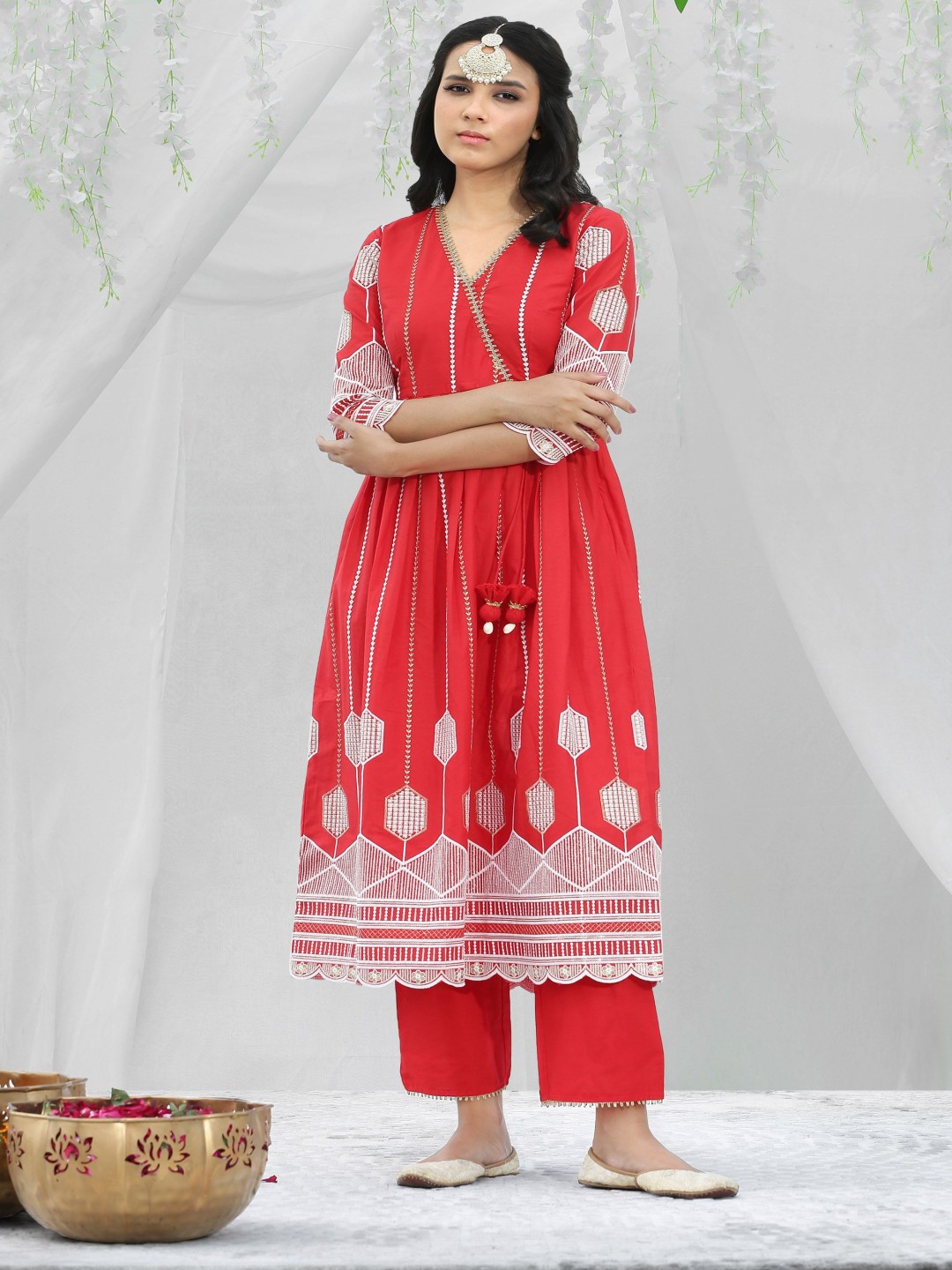 

SEW Geometric Embroidered Angrakha Pure Cotton Kurta With Trouser, Red