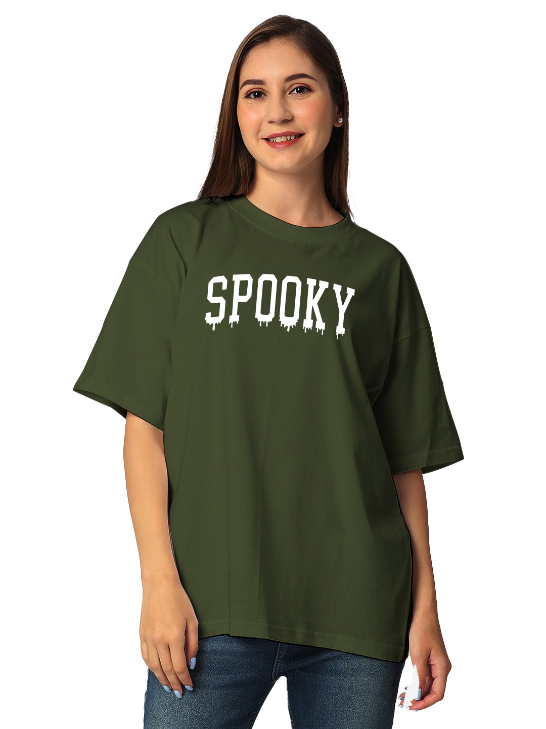 

STATUS MANTRA Women Typography Printed Bio Finish Applique T-shirt, Olive