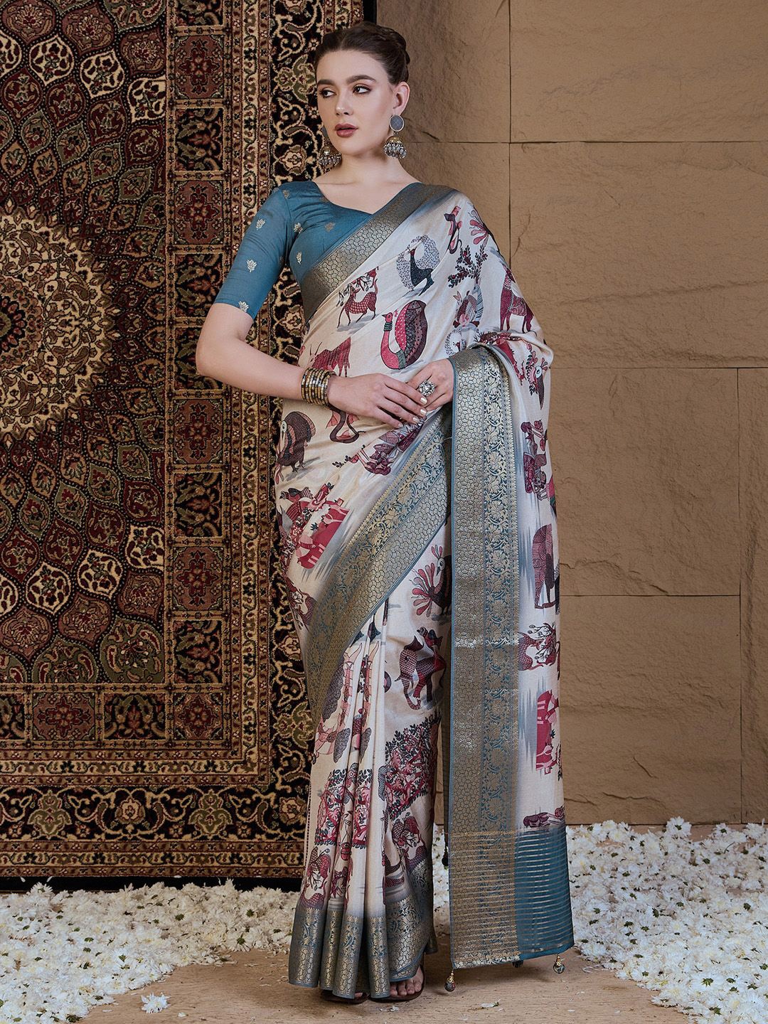 

Anouk Kalamkari Zari Silk Blend Sungudi Saree, Beige