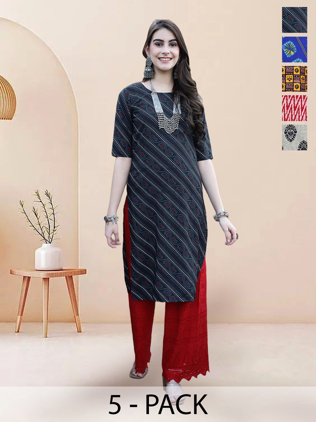 

7Threads Selection of 5 Ethnic Motifs Printed Round Neck Straight Kurtas, Navy blue