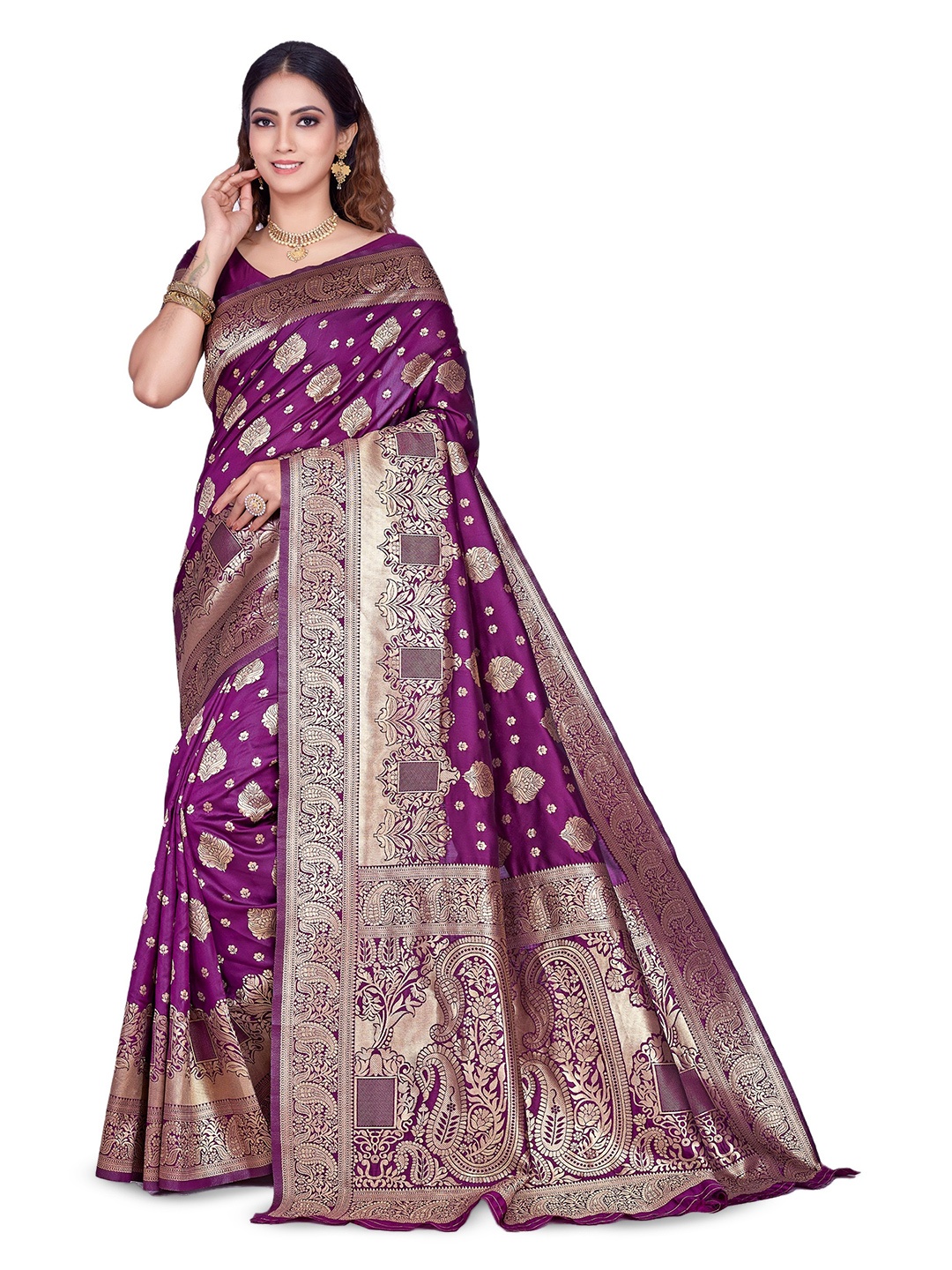 

Melok Woven Design Zari Art Silk Banarasi Saree, Purple