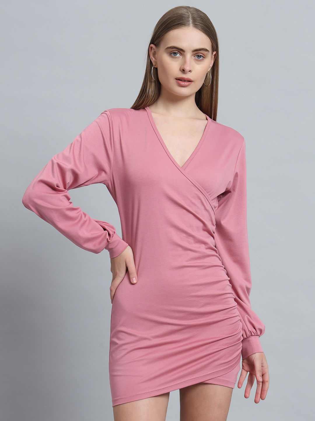 

ND & R Women Strechable Solid Wrap Bodycon Above Knee Length Dress, Pink