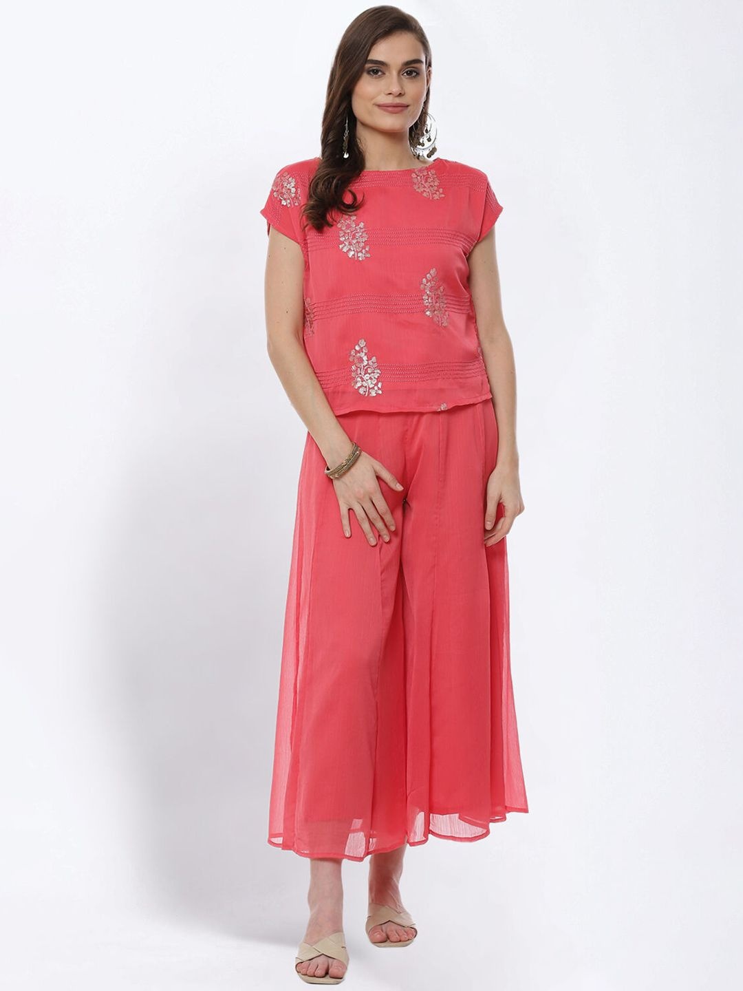 

Rangriti Embellished Round Neck Top With Palazzo, Orange