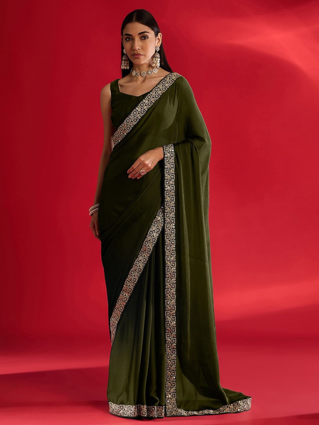 

Mitera Embroidered Satin Saree, Olive