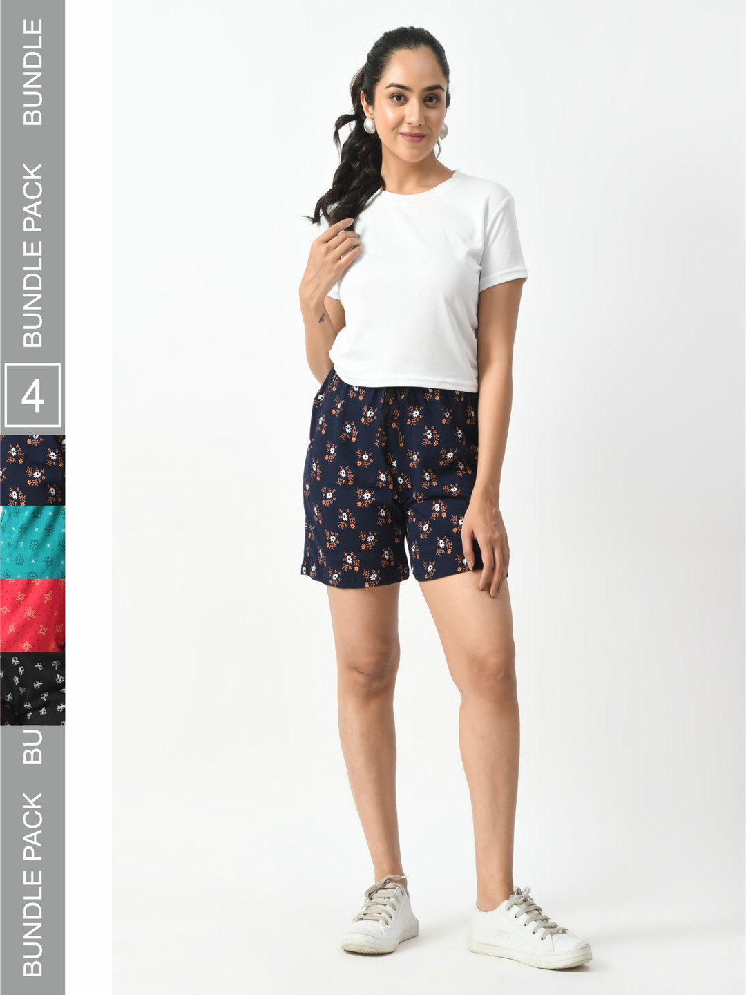 

BAESD Women Pack Of 4 Printed Pure Cotton High-Rise Shorts, Navy blue
