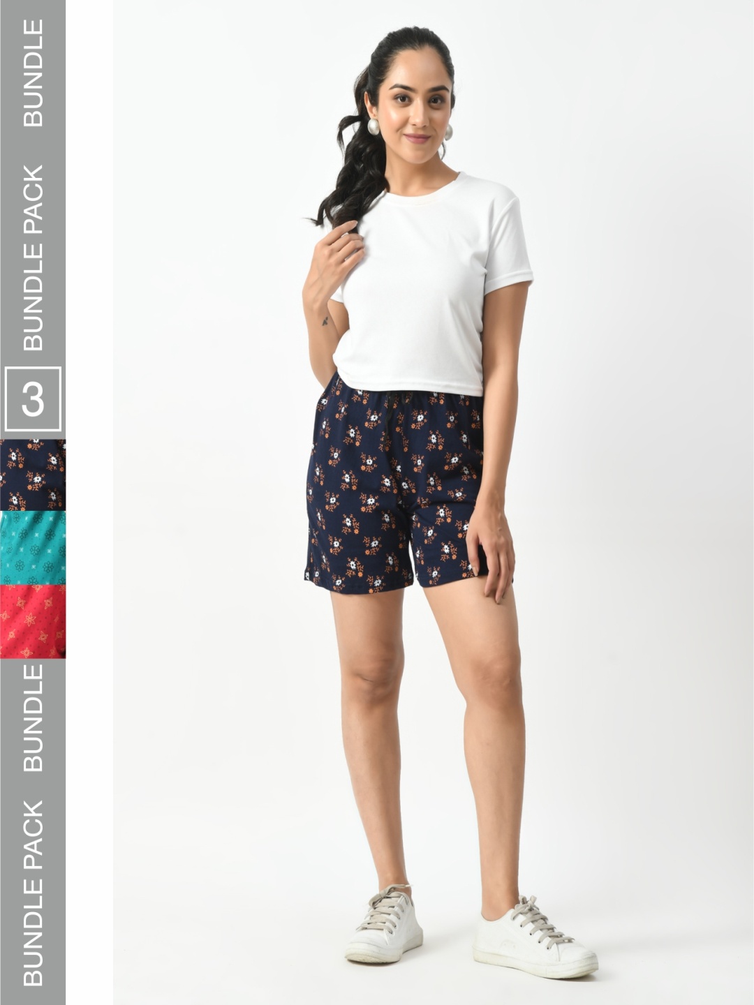 BAESD Women Pack of 3 Graphic Printed High-Rise Cotton Shorts, Navy blue