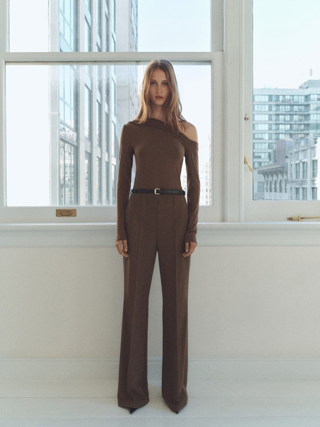 

MANGO Asymmetric Belted Basic Jumpsuit, Brown