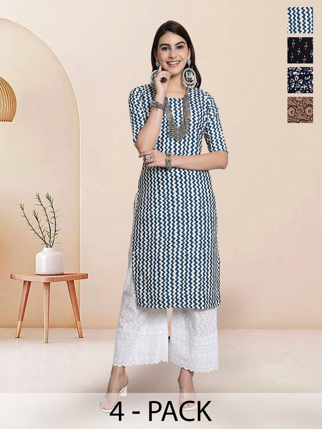 

7Threads Selection Of 4 Chevron Printed Round Neck Straight Kurtas, White