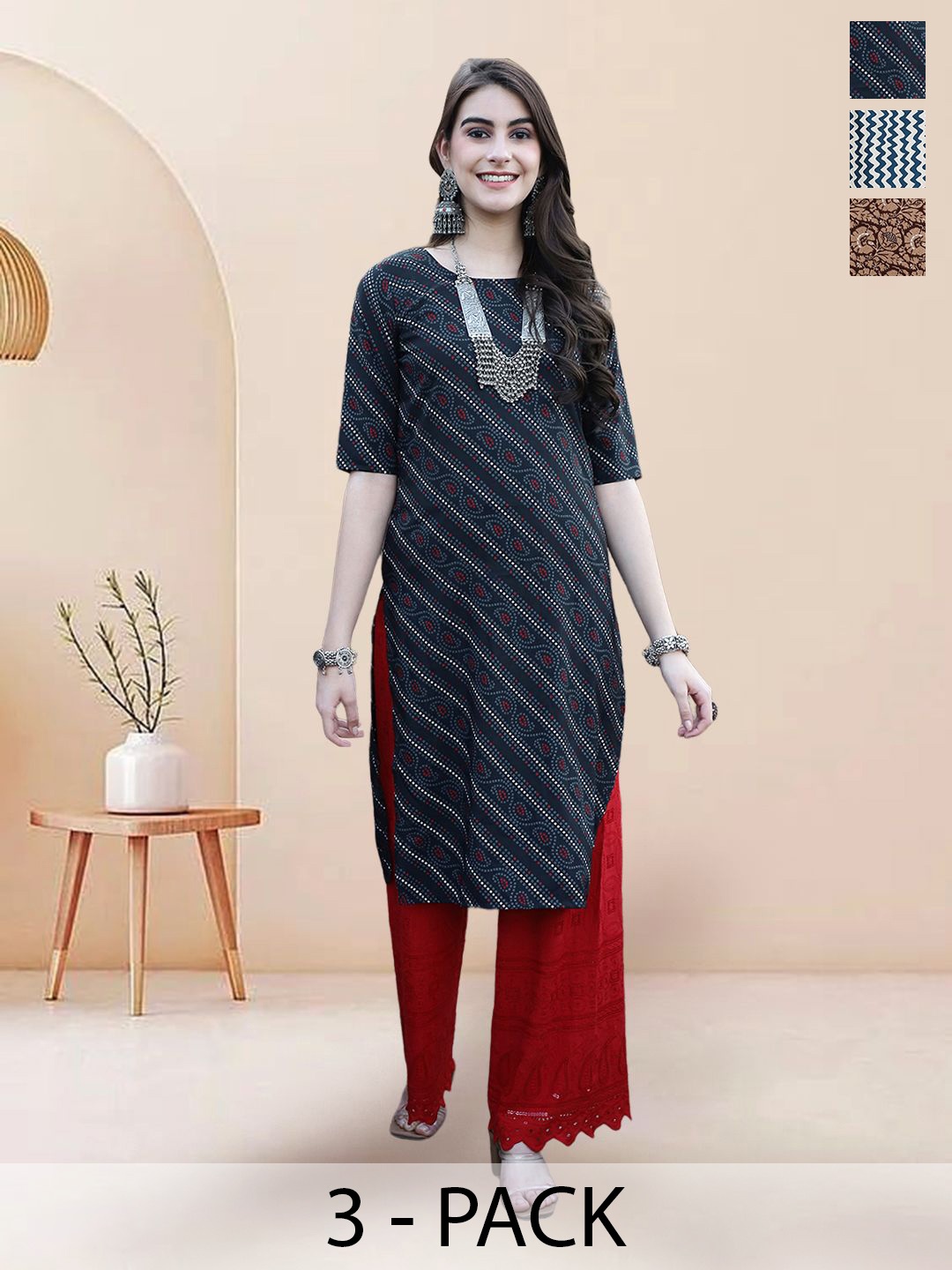 

7Threads Selection Of 3 Ethnic Motifs Printed Round Neck Straight Kurtas, Grey