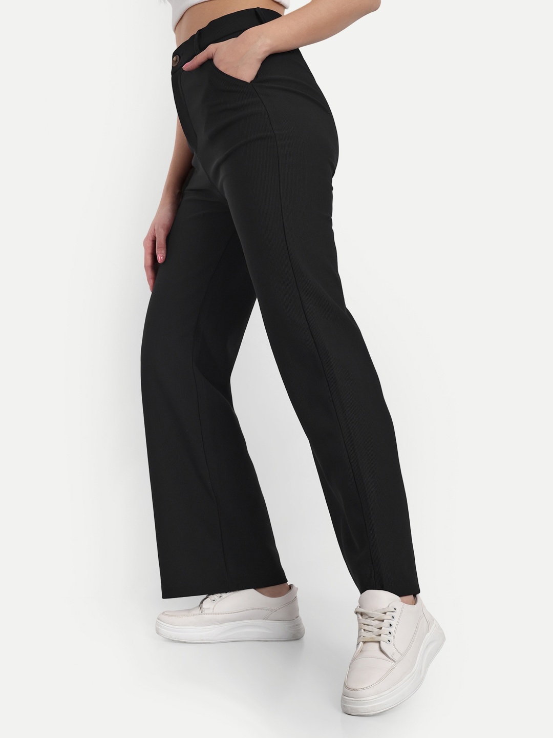 

Next One Women Smart Straight Fit High-Rise Easy Wash Corduroy Trousers, Black