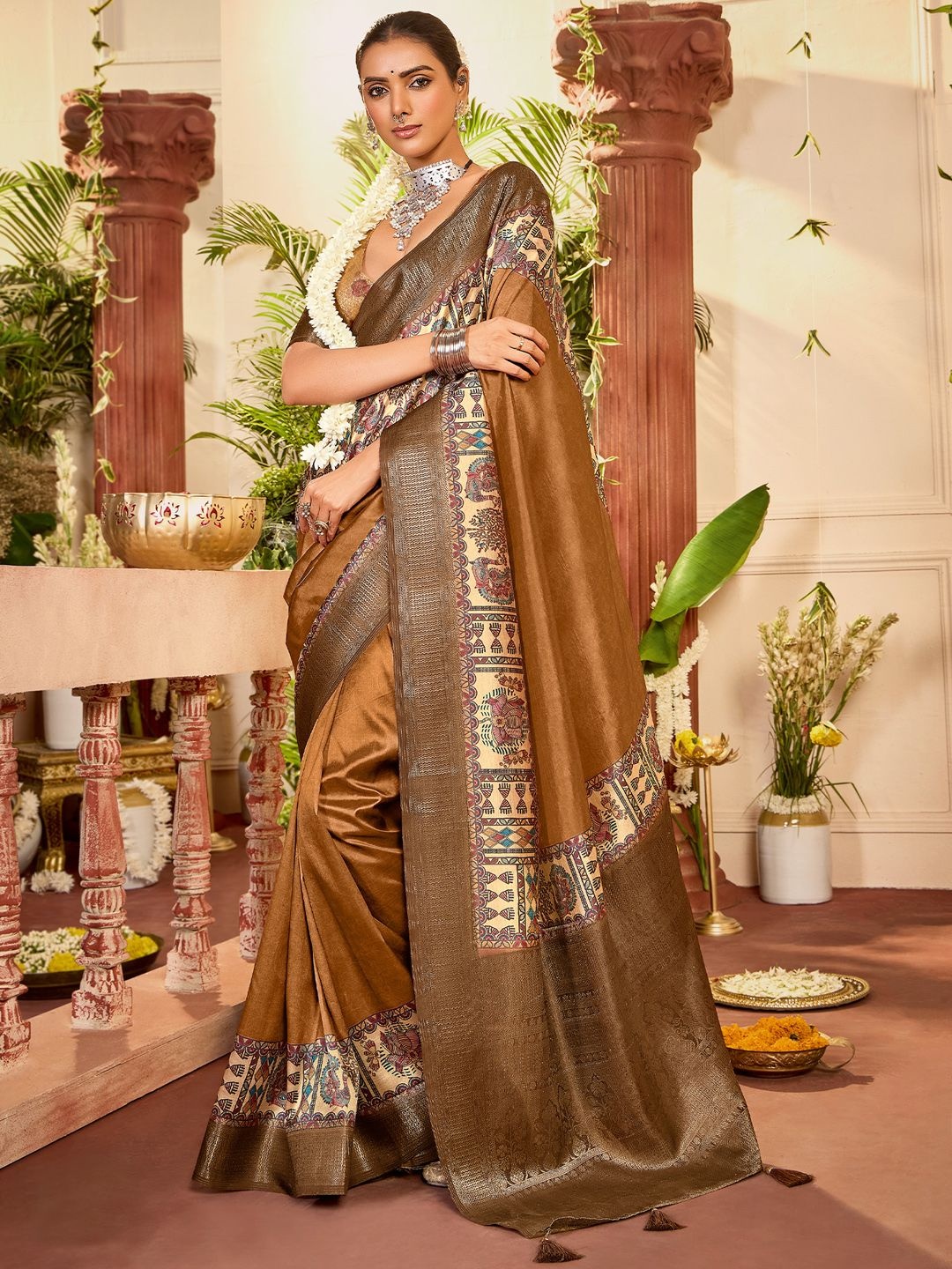 

Saree mall Kalamkari Zari Silk Blend Jamdani Sarees, Camel brown