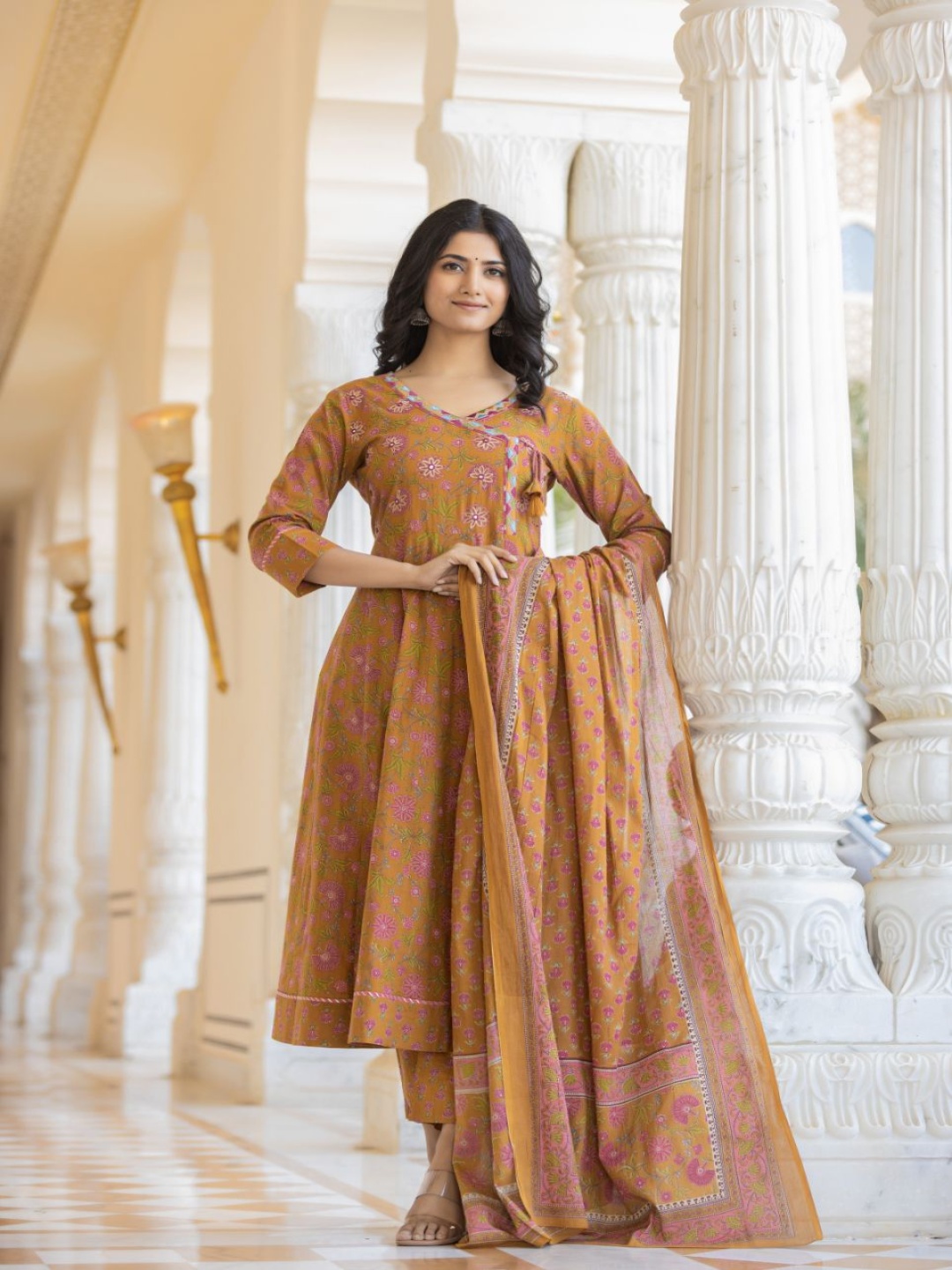 

AARDRAA Floral Printed Angrakha Pure Cotton Kurta With Trousers & Dupatta, Mustard