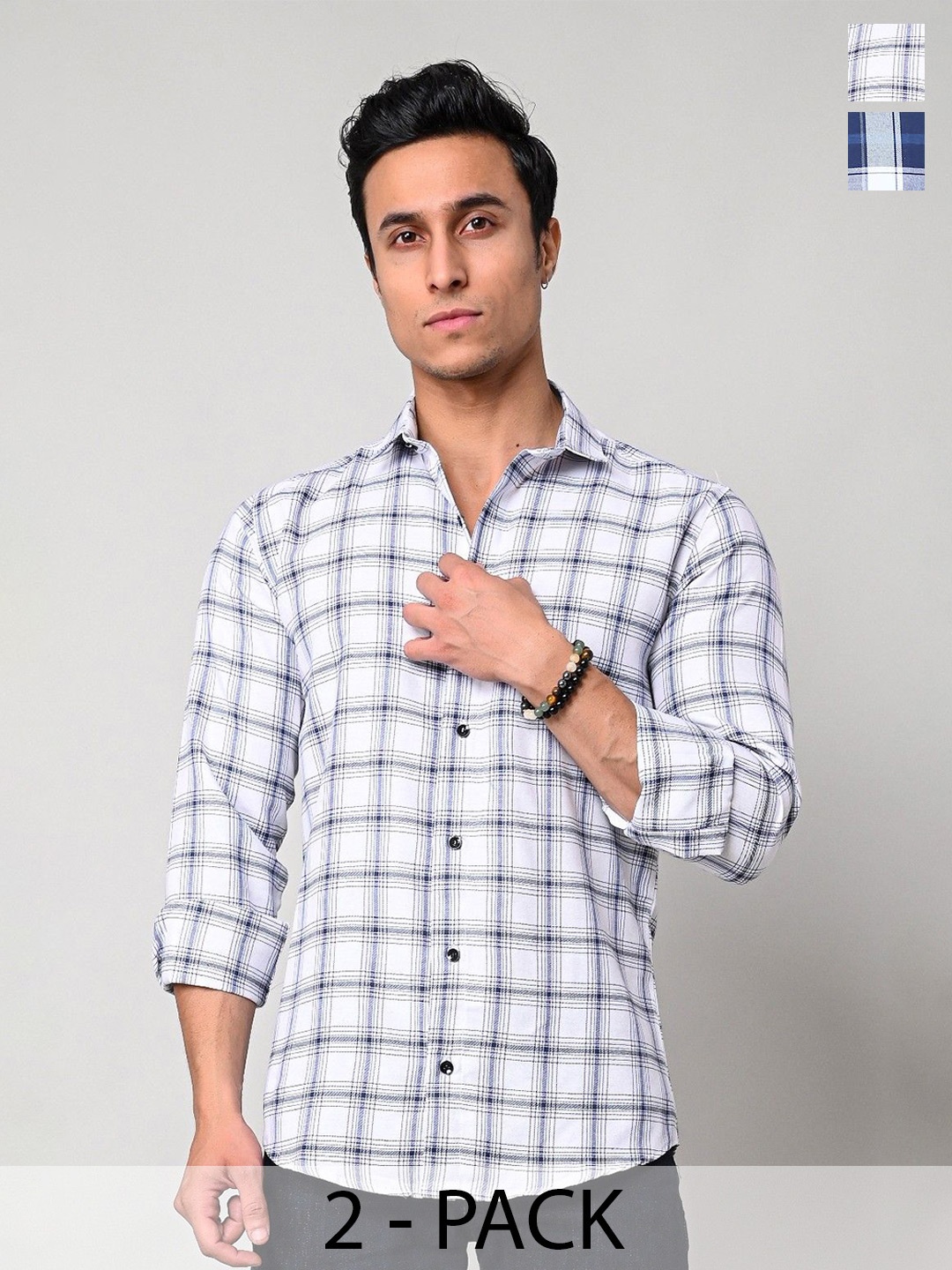 

Tanip Men Pack Of 2 Spread Collar Tartan Checked Cotton Casual Shirts, White