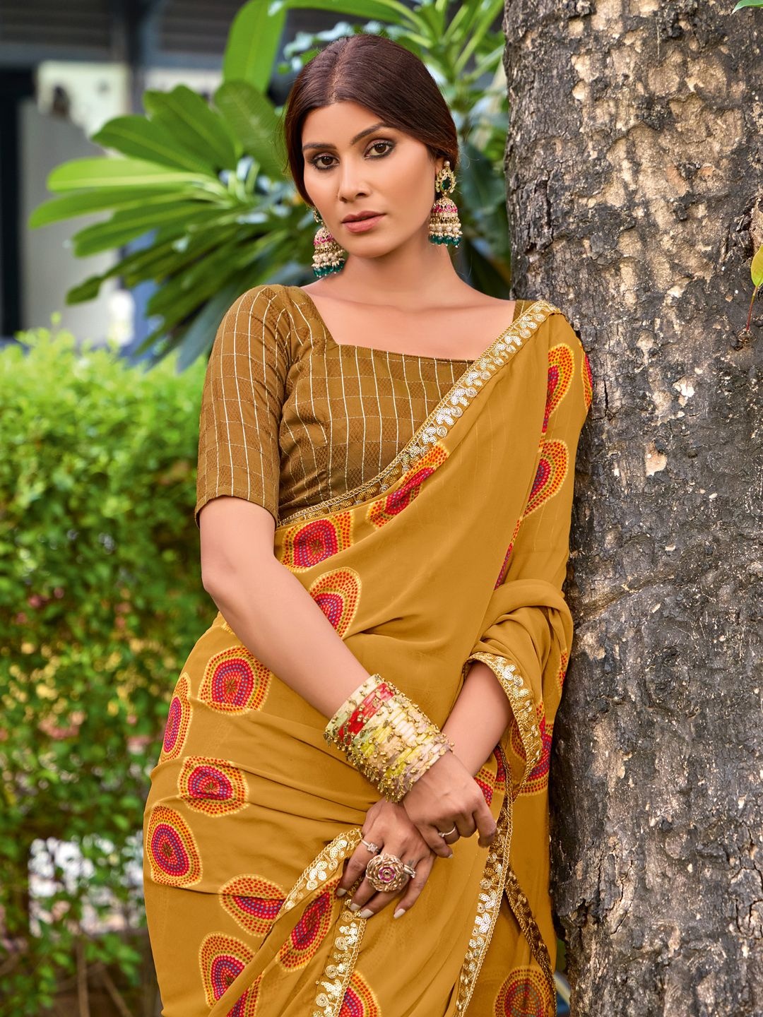 

Saree mall Polka Dot Embroidered Poly Georgette Sarees, Camel brown