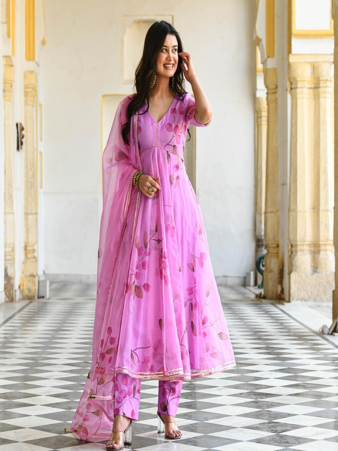 

Moda Rapido Pink Floral Printed V-Neck Empire Anarkali Kurta With Trousers & Dupatta