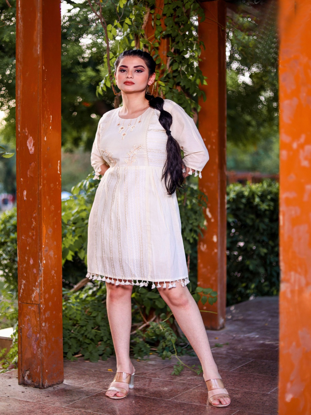 

VARNI FABRICS Embroidered Empire Mirror Work Khadi Cotton Ethnic Dress, Cream