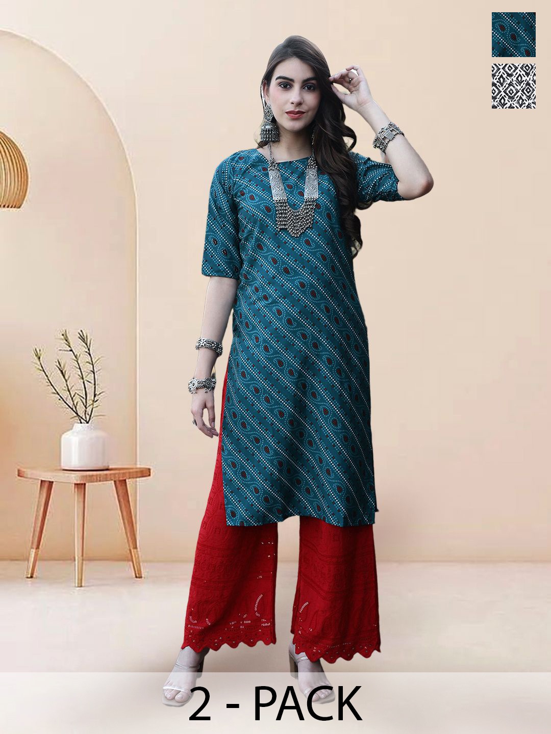 

7Threads Selection of 2 Ethnic Motifs Printed Round Neck Straight Kurtas, Teal