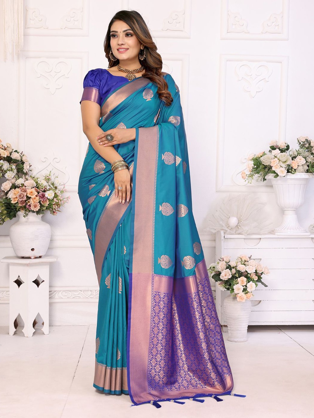 

Panzora Woven Design Zari Silk Blend Banarasi Saree, Blue