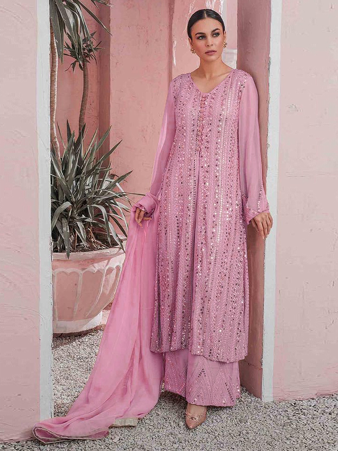 

ODETTE Women Regular Kurta with Palazzos & With Dupatta, Pink
