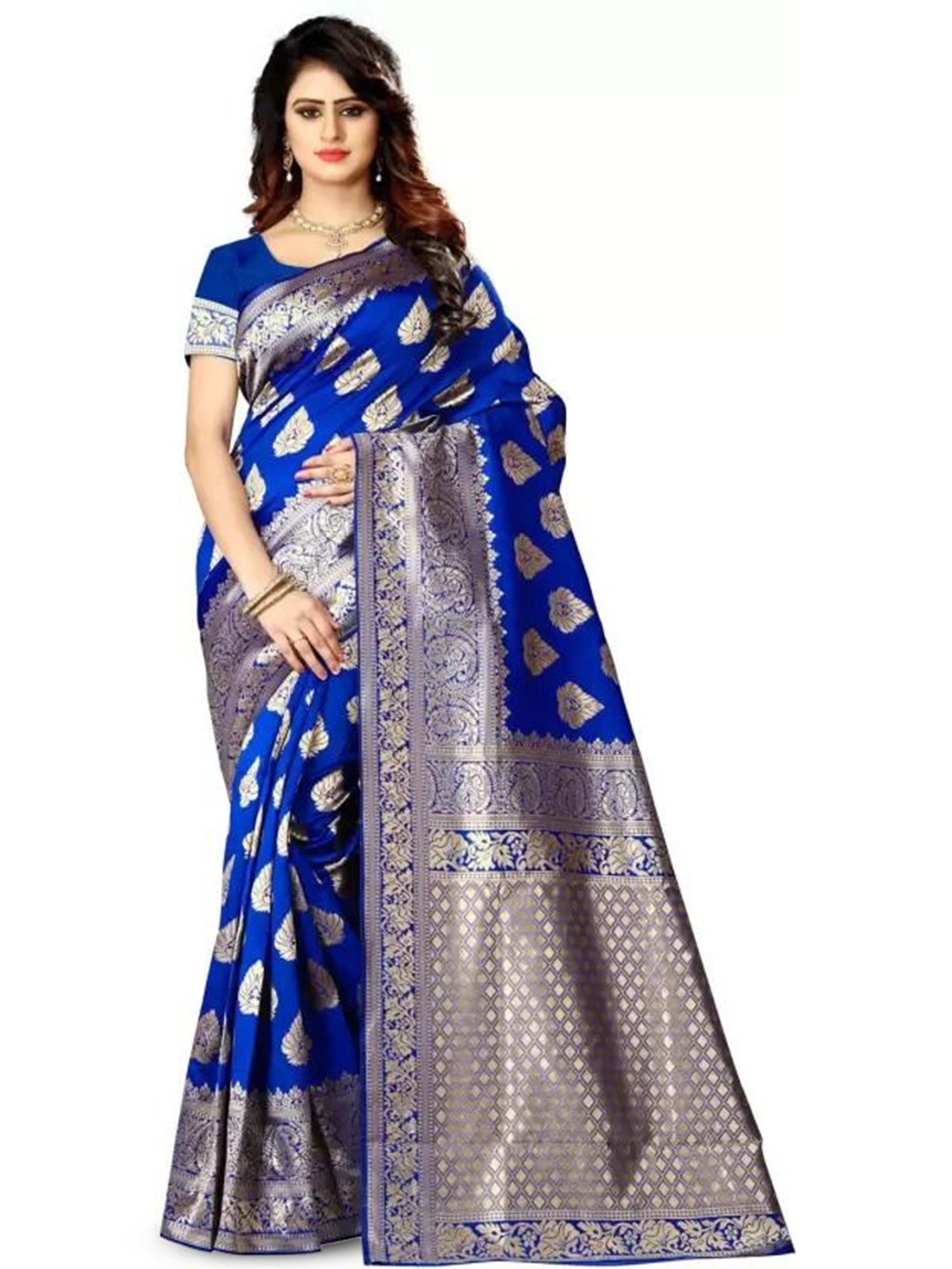

KALINI Woven Design Zari Pure Silk Kanjeevaram Saree, Blue