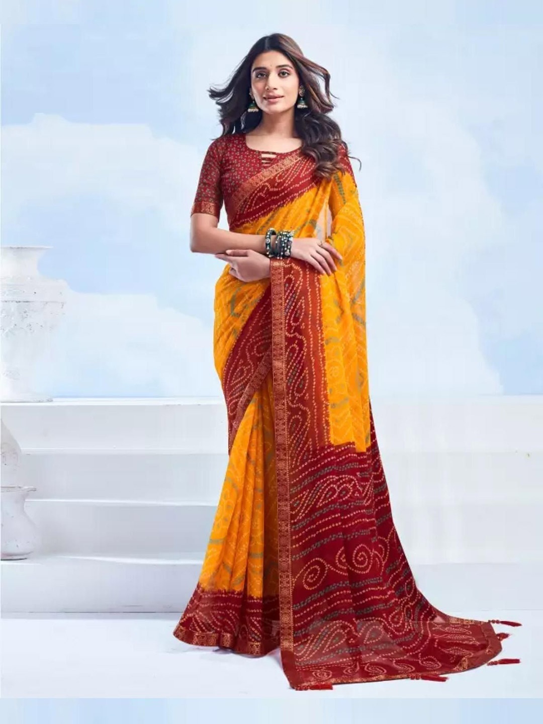 

DURGA EMPORIO Bandhani Zari Pure Chiffon Bandhani Saree, Yellow
