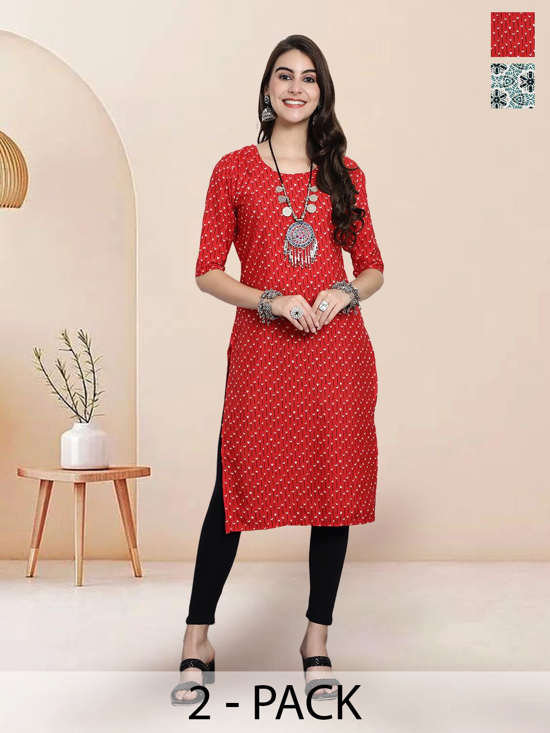 

7Threads Selection Of 2 Floral Printed Round Neck Kurtas, Red