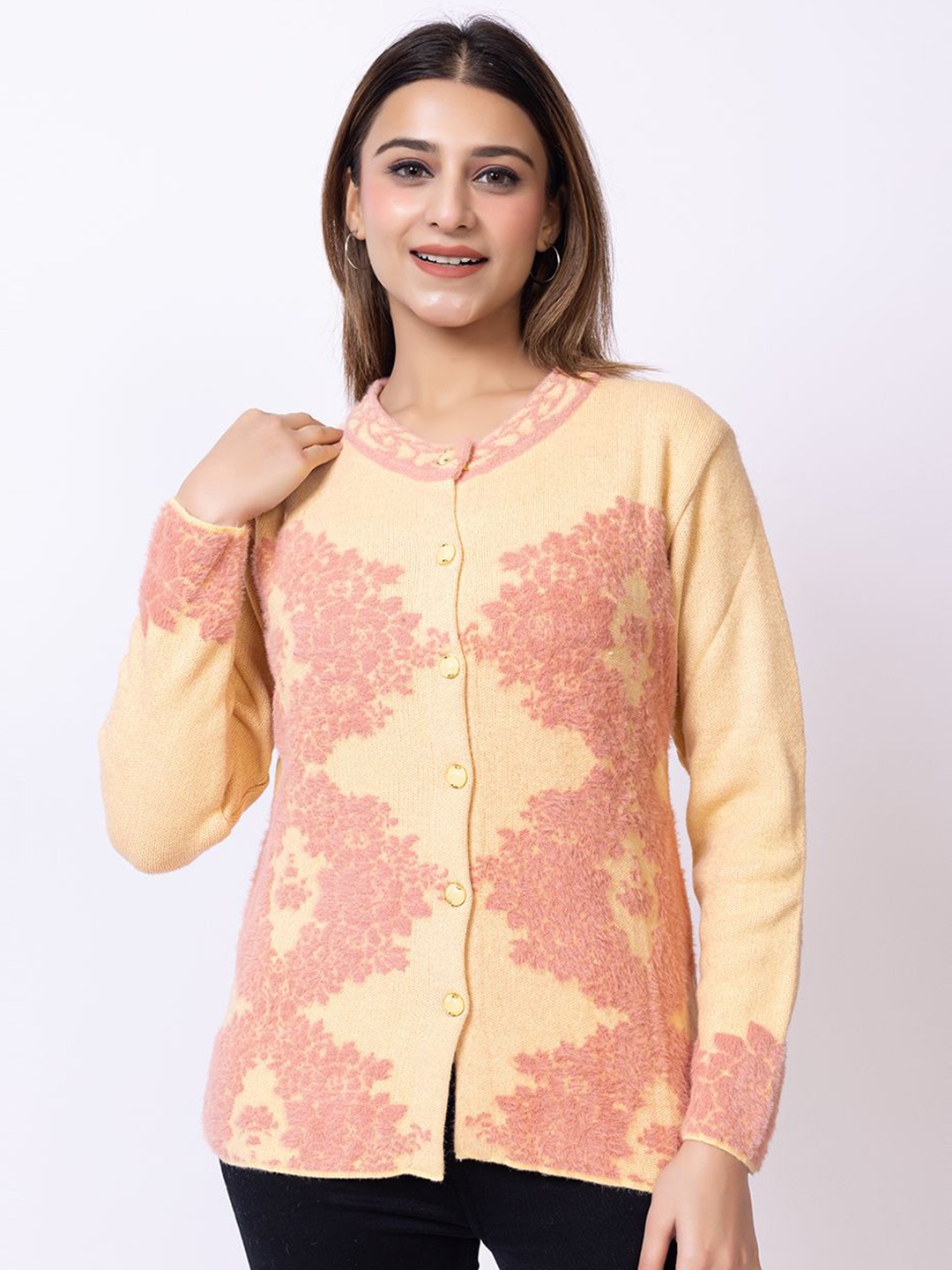 

Lady Leaf Women Floral Woollen Cardigan, Camel brown