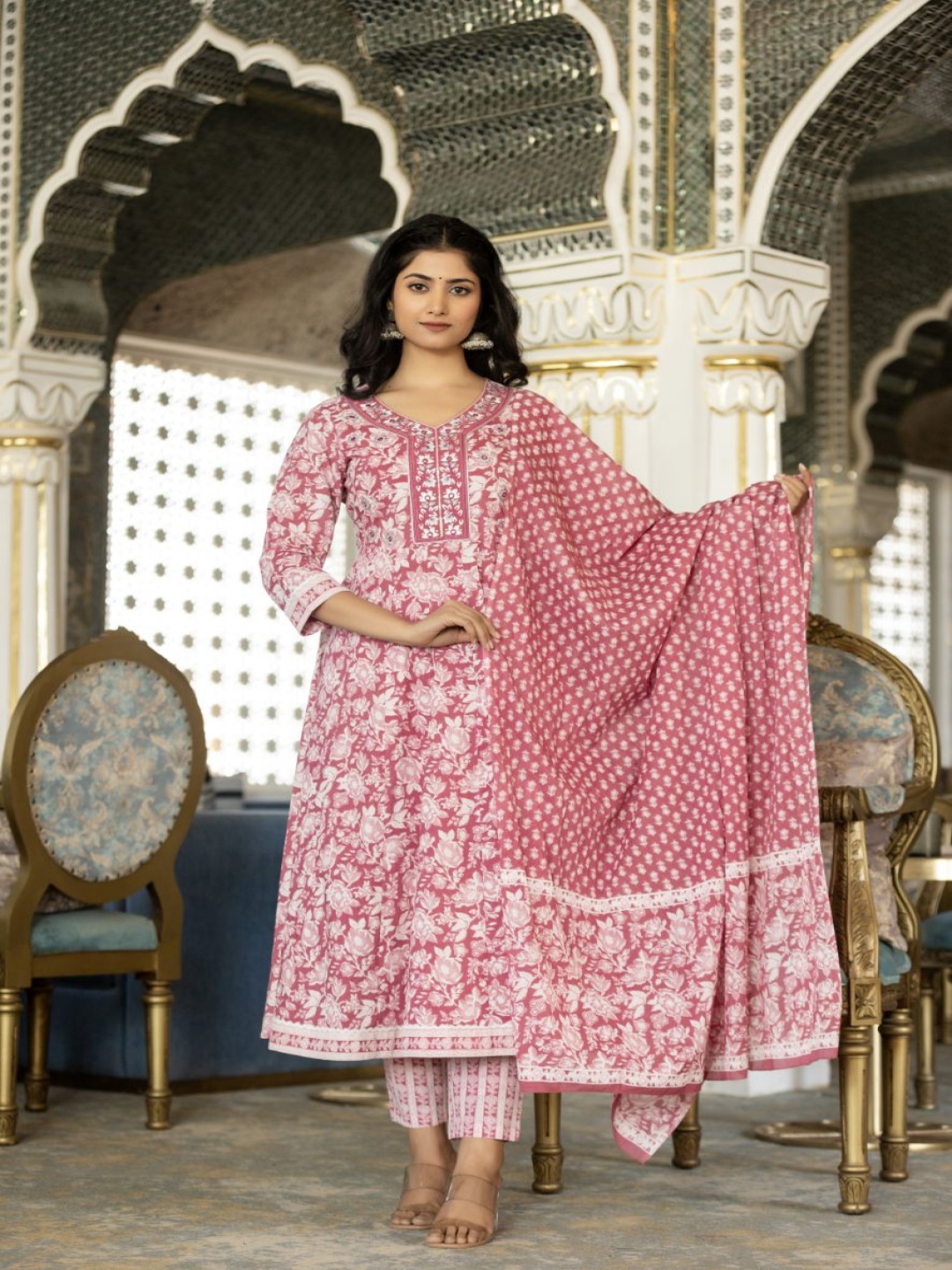 

AARDRAA Floral Printed Mirror Work Pure Cotton Anarkali Kurta With Trousers & Dupatta, Pink