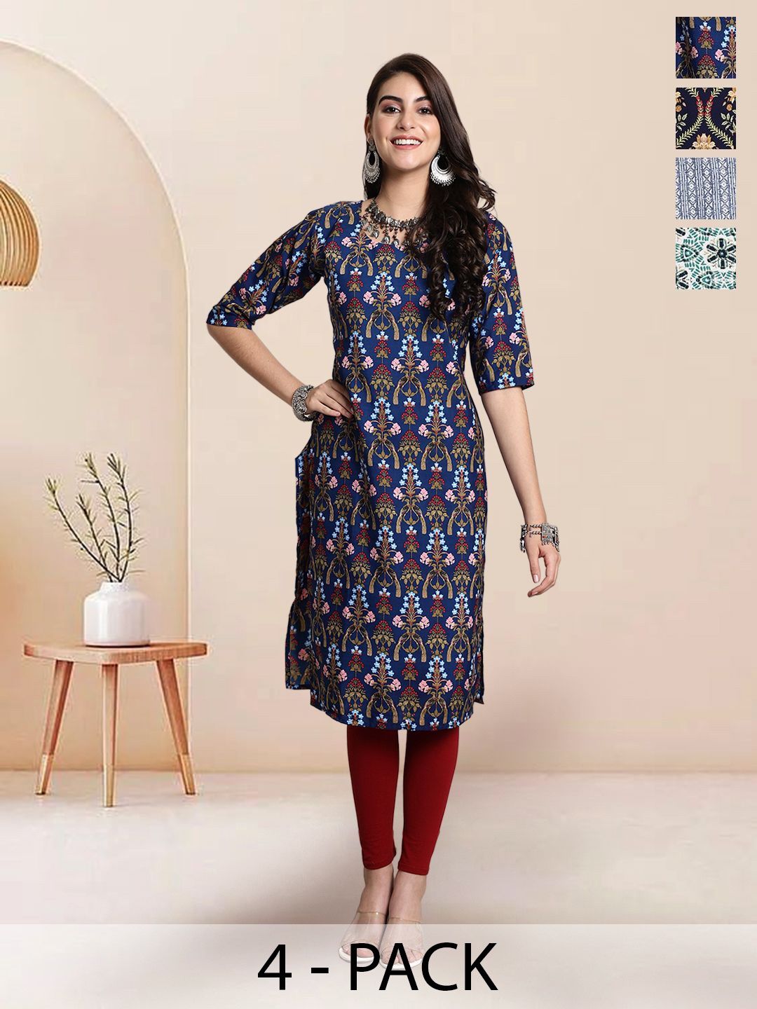 

7Threads Selection Of 4 Floral Printed Round Neck Straight Kurtas, Navy blue