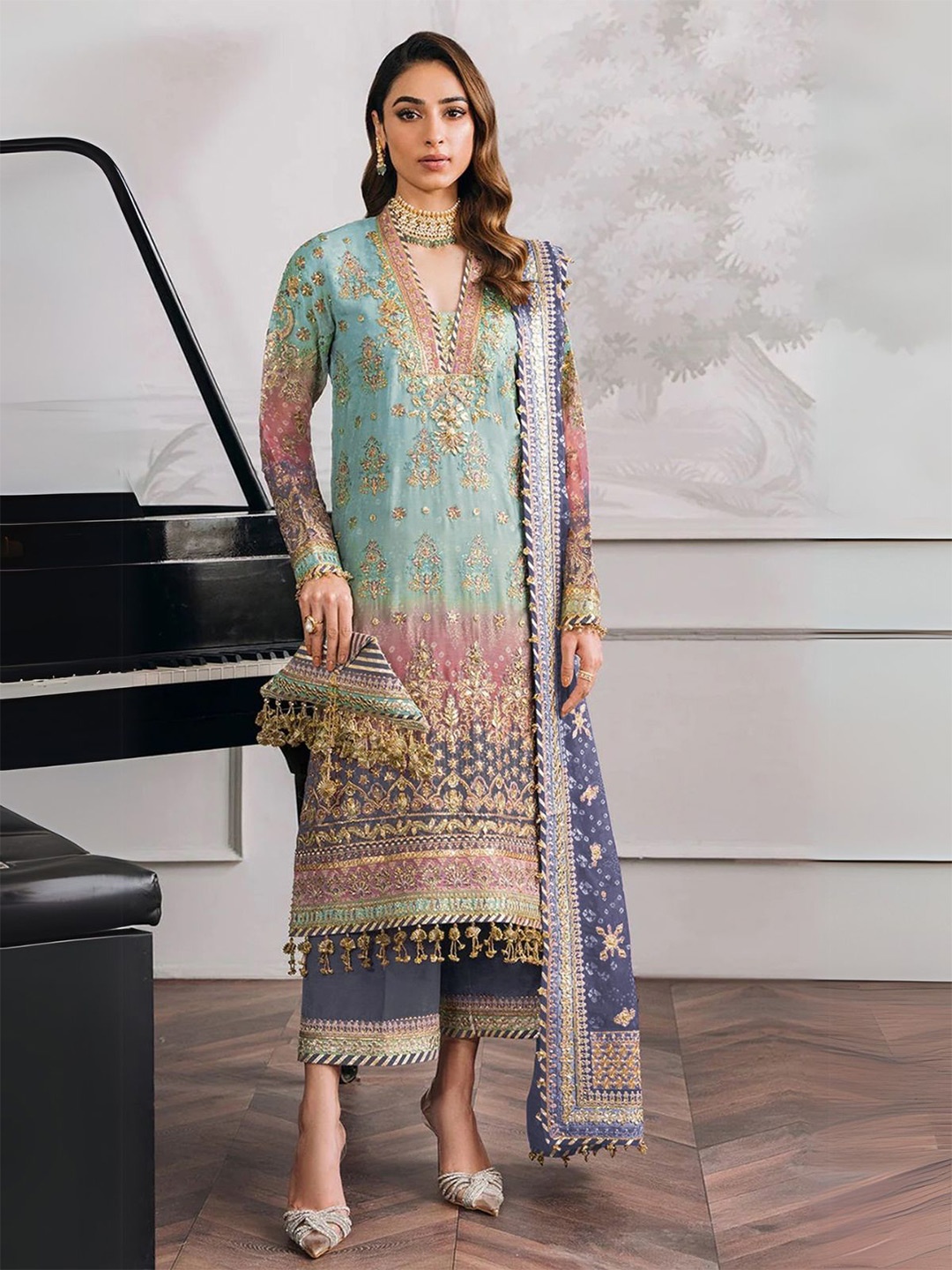 

ODETTE Women Ethnic Motifs Embroidered Beads and Stones Kurta with Trousers & Dupatta, Blue