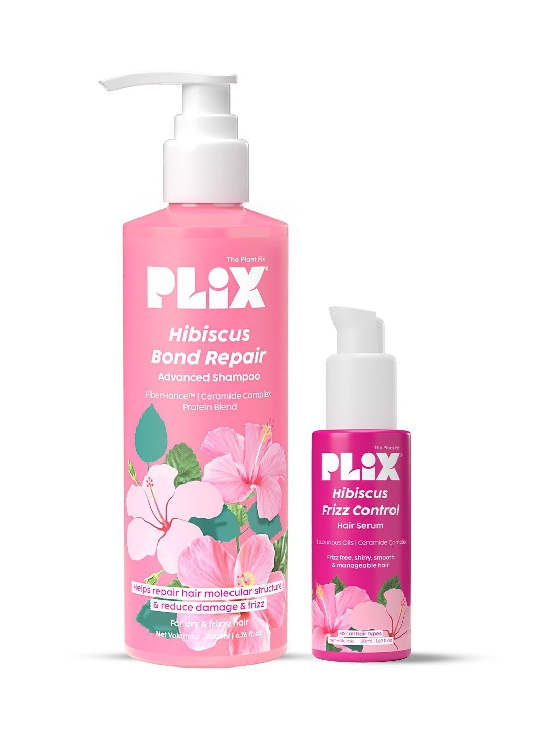 

PLIX THE PLANT FIX Set Of 2 Hibiscus Frizz Control Serum & Bond Repair Advanced Shampoo, Pink