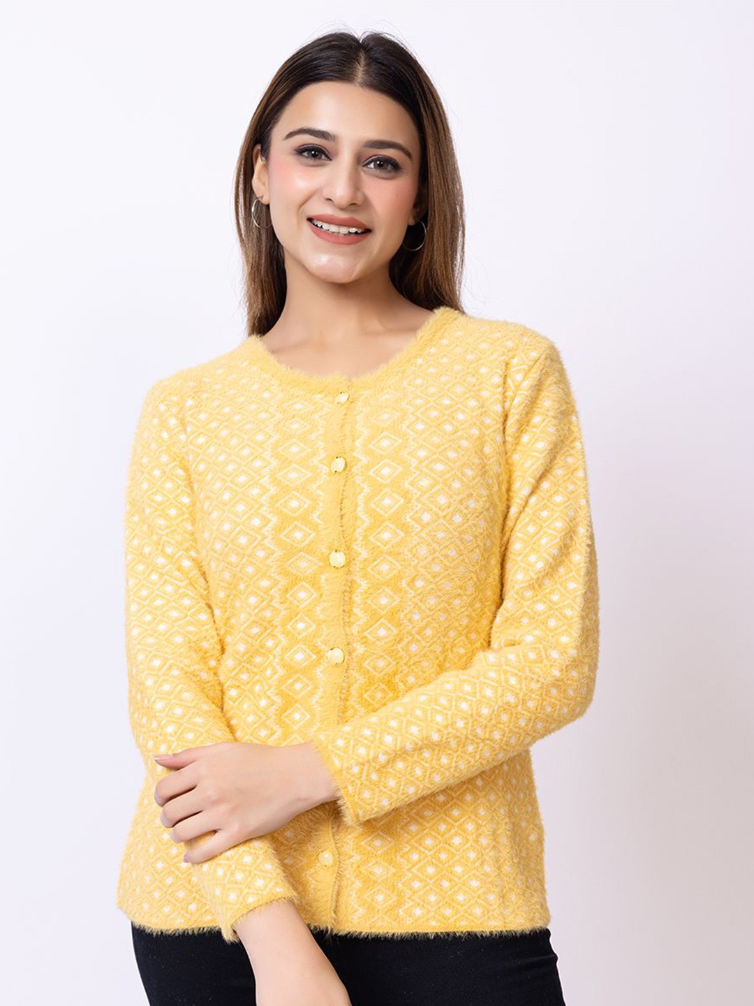 

Lady Leaf Women Embroidered Woollen Cardigan, Yellow
