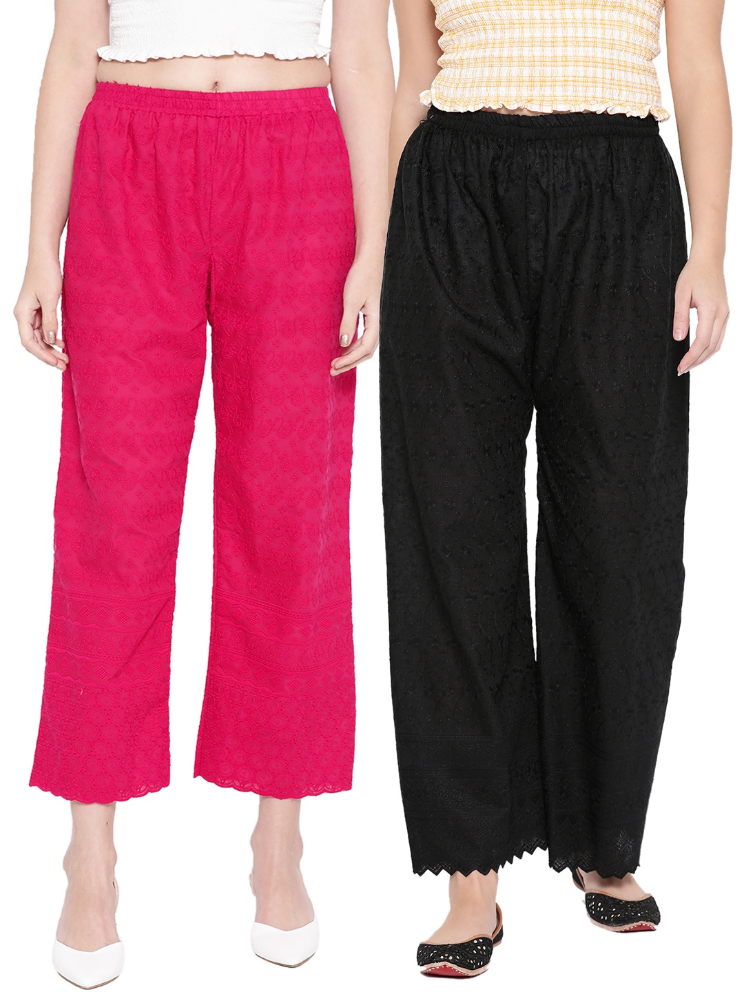 

KALINI Pack Of 2 Floral Embroidered Chikankari Cotton Wide Leg Palazzos, Magenta