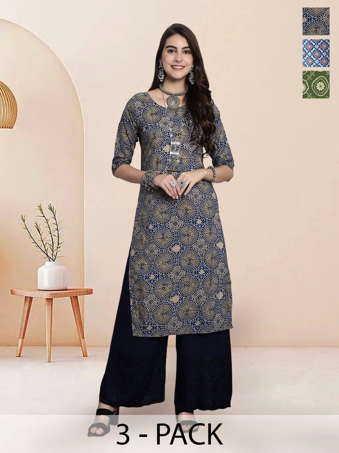 

7Threads Selection Of 3 Geometric Printed Round Neck Straight Kurtas, Navy blue