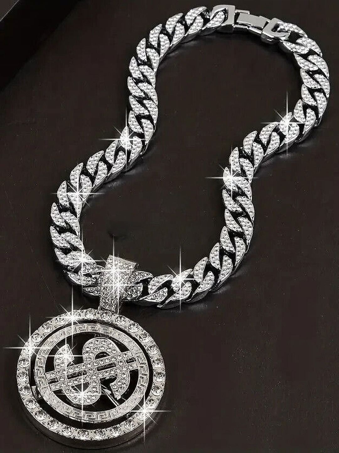 

KRENOZ Men Sterling Silver-Plated CZ-Studded Cuban Bling Dollar Pendant With Chain