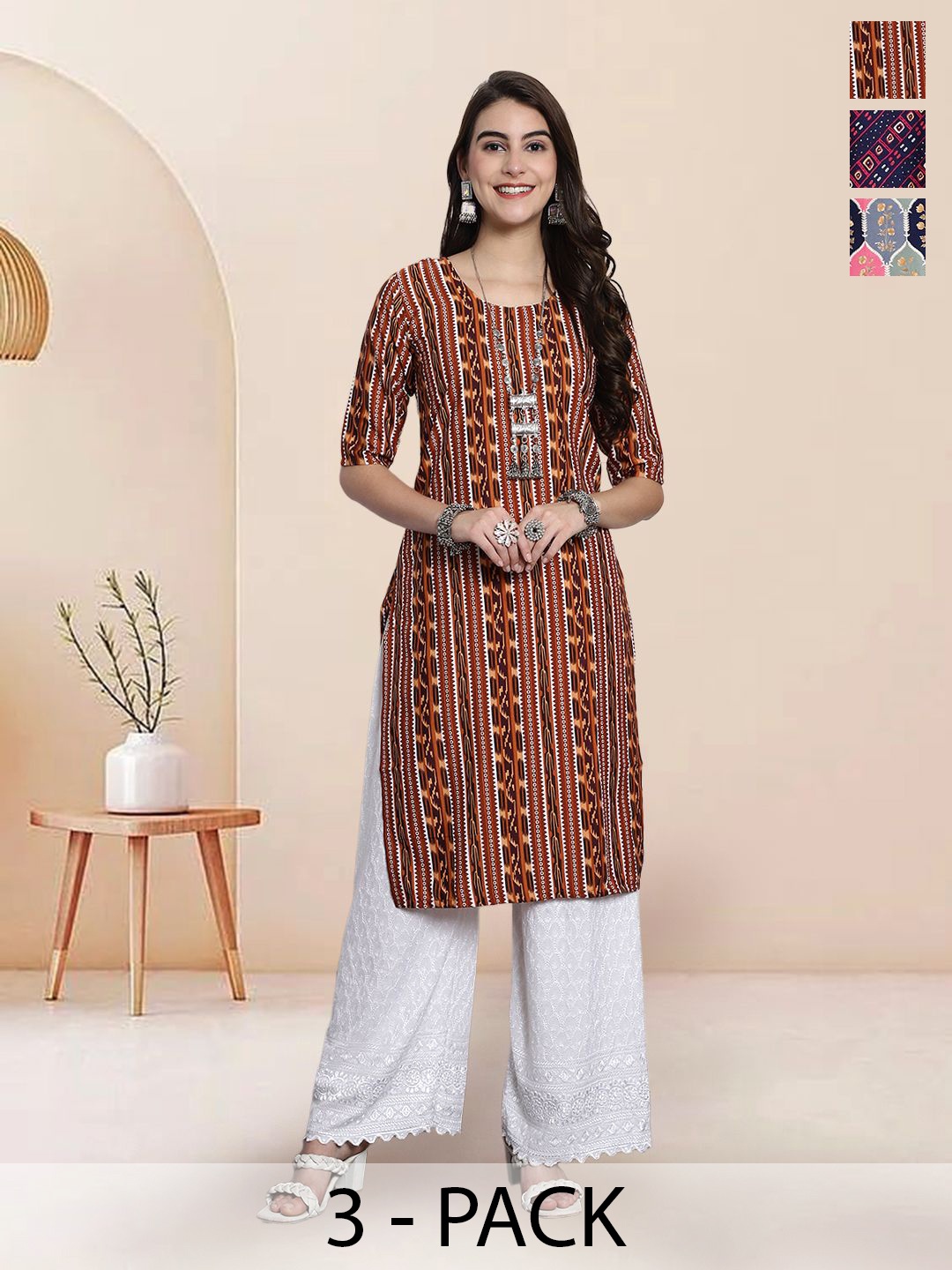 

7Threads Selection Of 3 Ethnic Motifs Printed Round Neck Straight Kurtas, Red