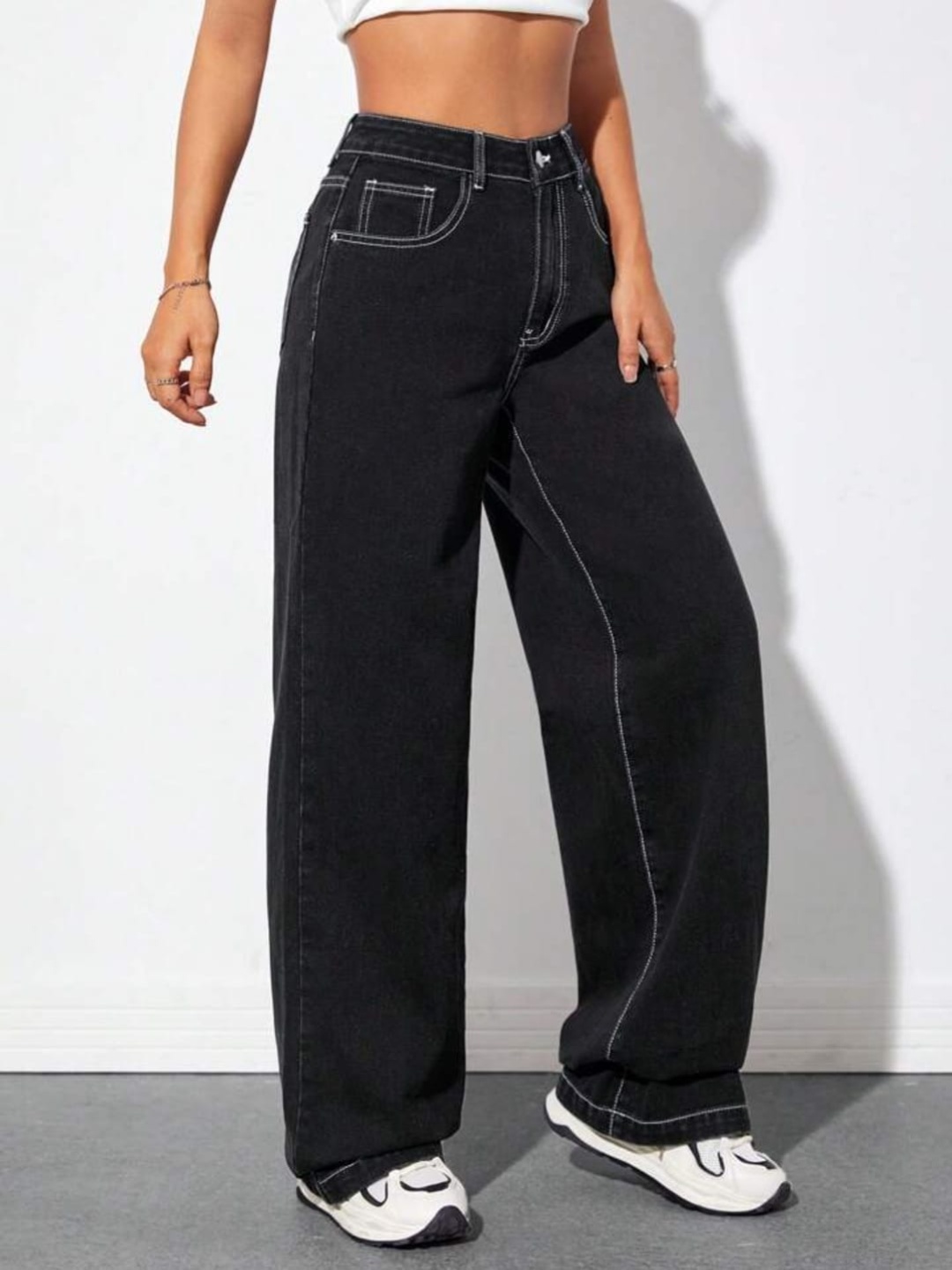

Next One Women Smart Straight Fit High-Rise Low Distress Jeans, Black