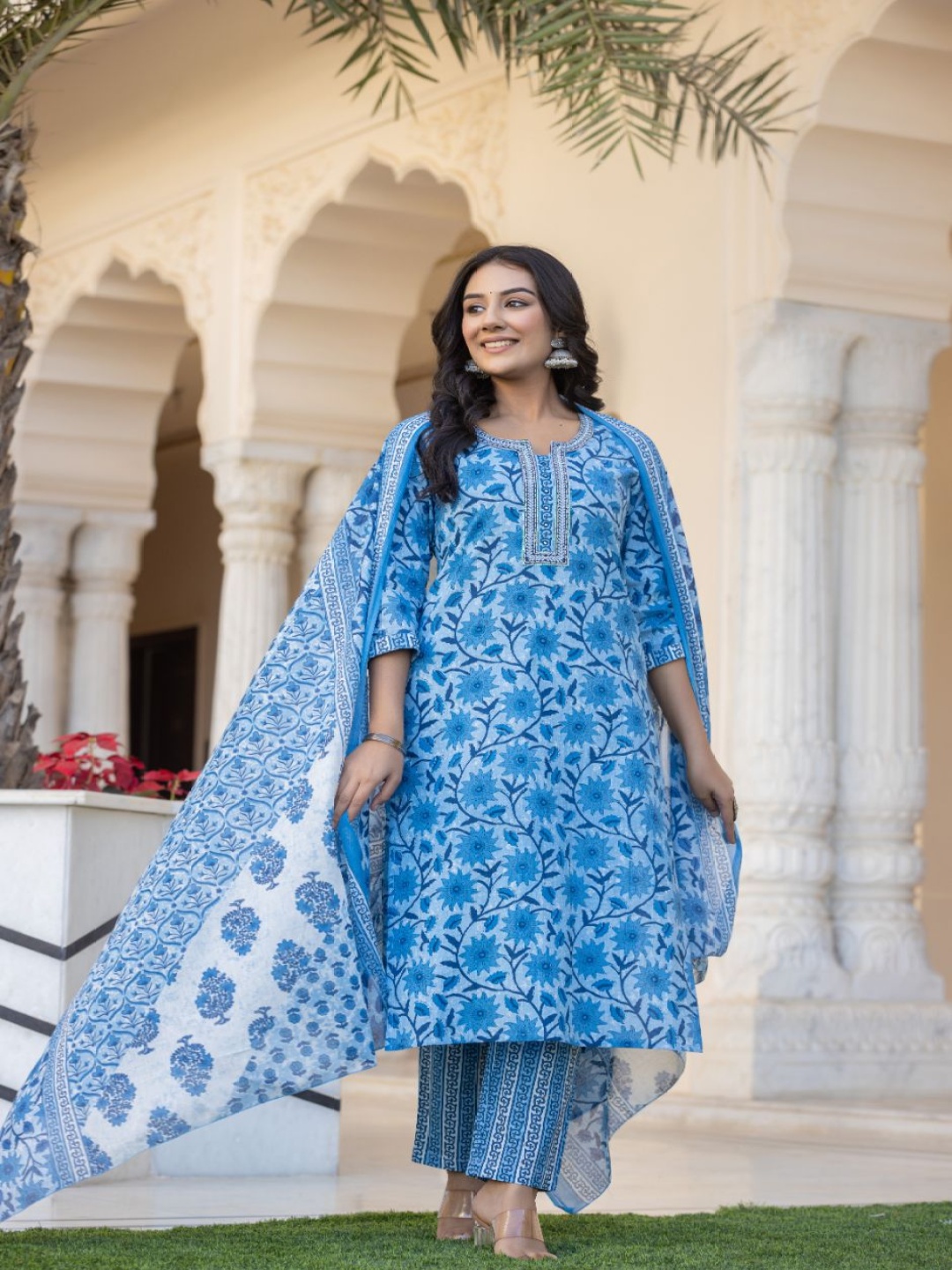 

AARDRAA Floral Printed Mirror Work Pure Cotton Straight Kurta With Trousers & Dupatta, Blue