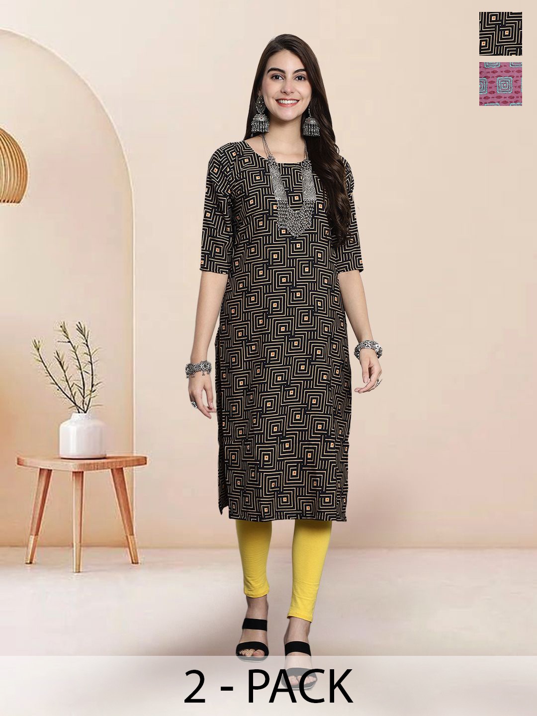 

7Threads Selection Of 2 Geometric Printed Round Neck Straight Kurtas, Black