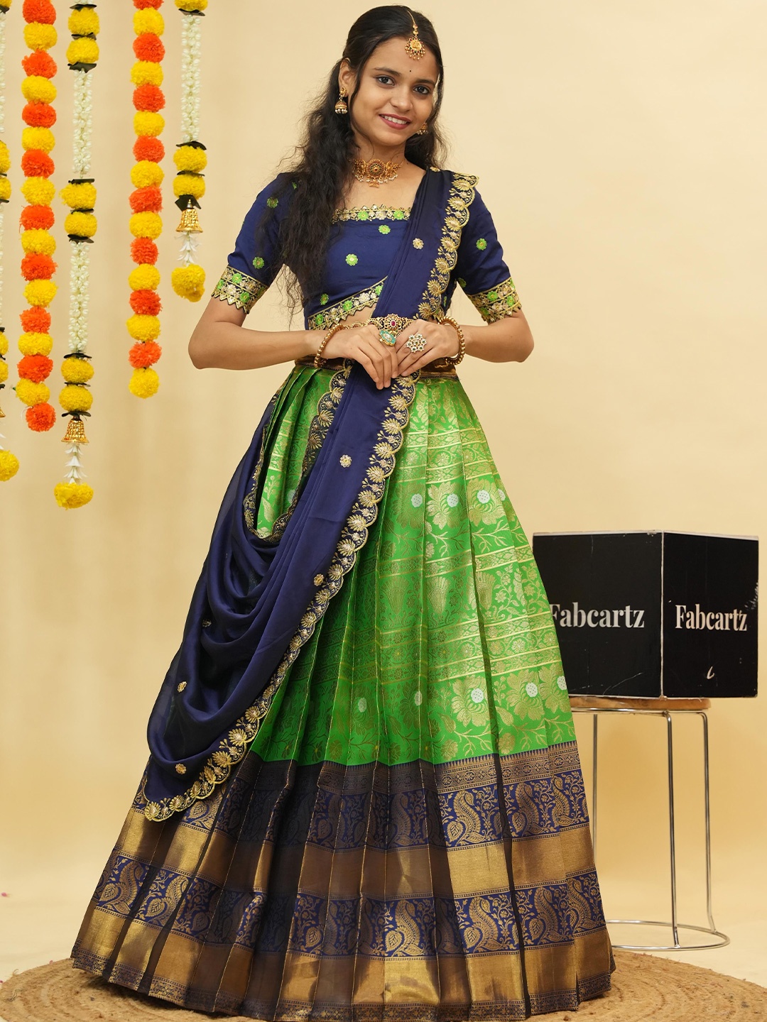 

Fabcartz Embroidered Sequinned Semi-Stitched Lehenga & Unstitched Blouse With Dupatta, Green