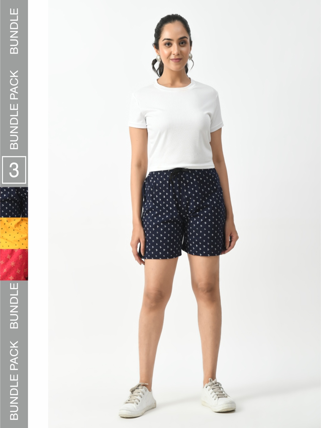 

BAESD Women Pack of 3 Printed High-Rise Pure Cotton Shorts, Navy blue