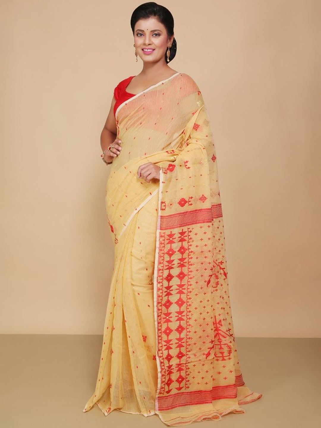 

BENGAL HANDLOOM Woven Design Art Silk Jamdani Saree, Beige