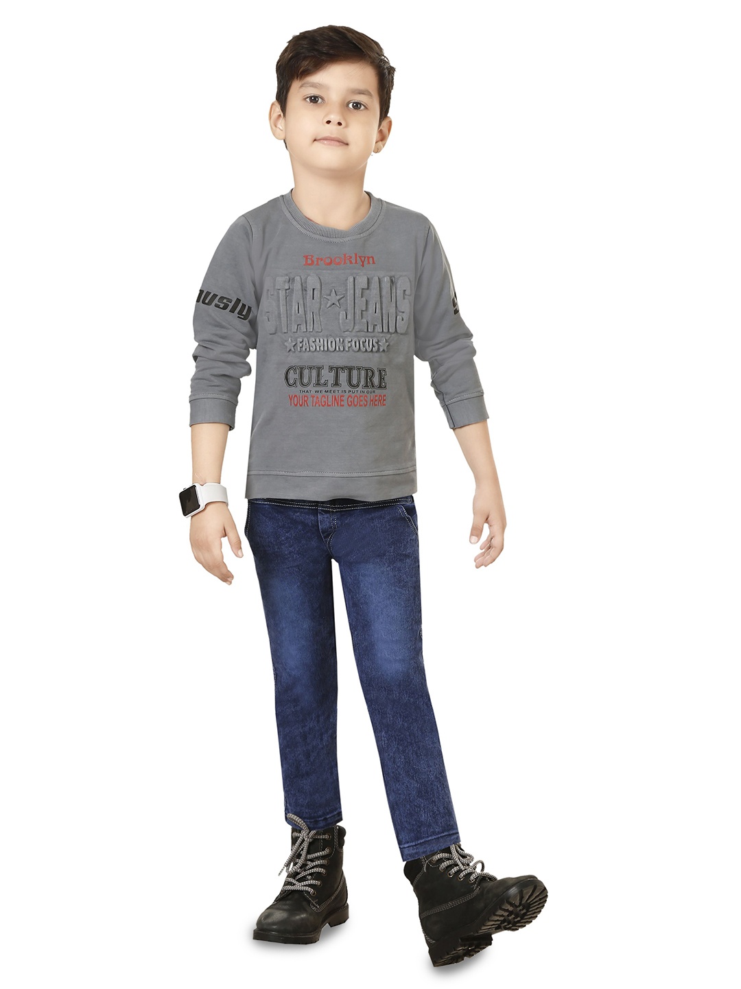 

LUCII Boys Printed Round Neck Pure Cotton Sweatshirt With Jeans, Grey