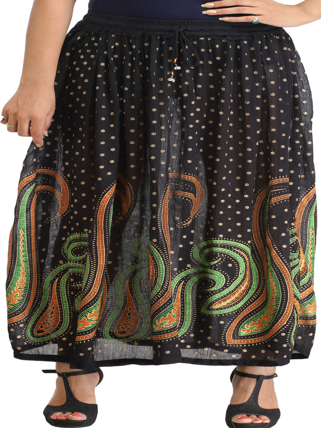 

Exotic India Paisley Printed Flared Maxi Skirt, Black